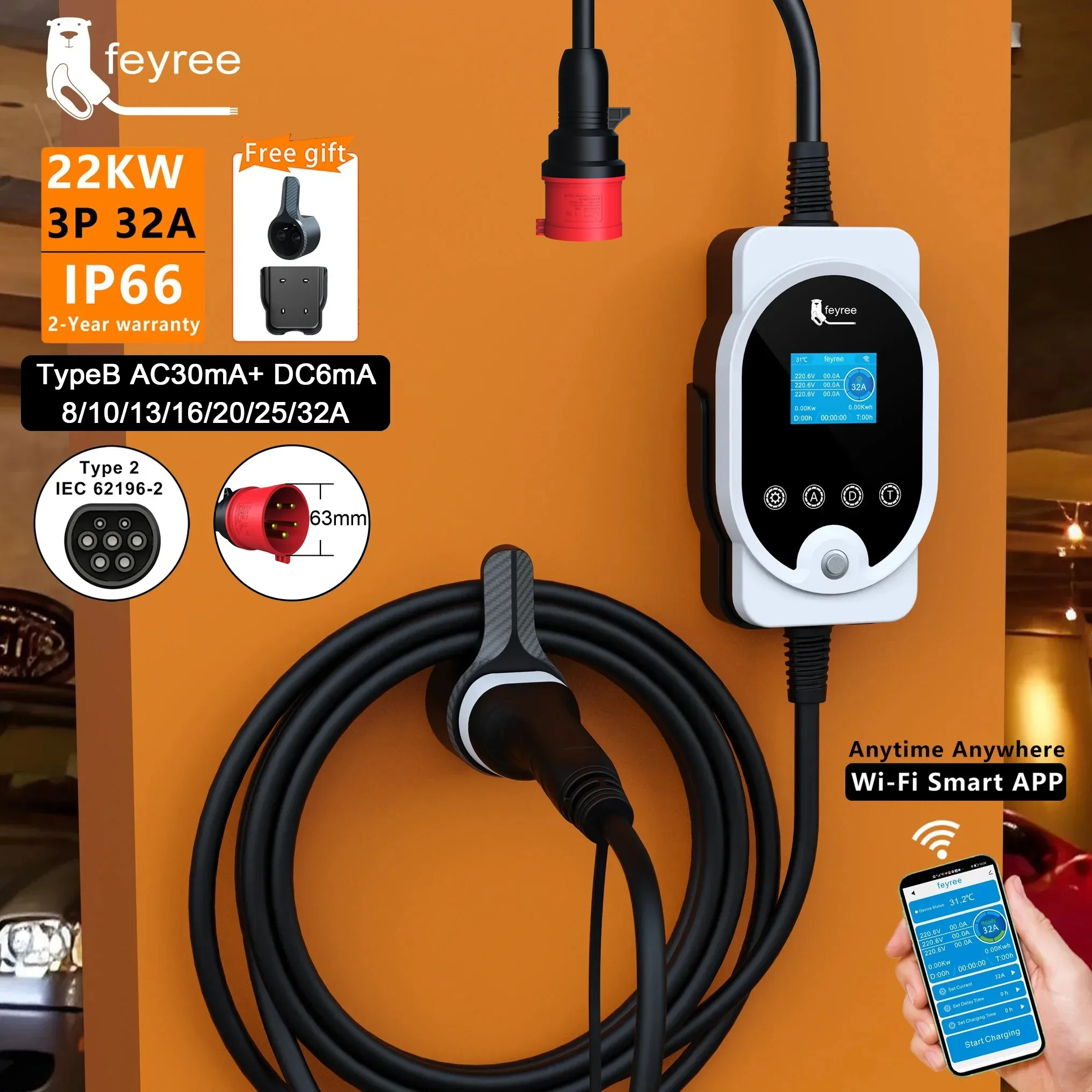 Feyree 22KW Tip2 Kablolu EVSE  - Ev Charger Type 2 22Kw 32A 3 Phase incelemesi ve fiyatı